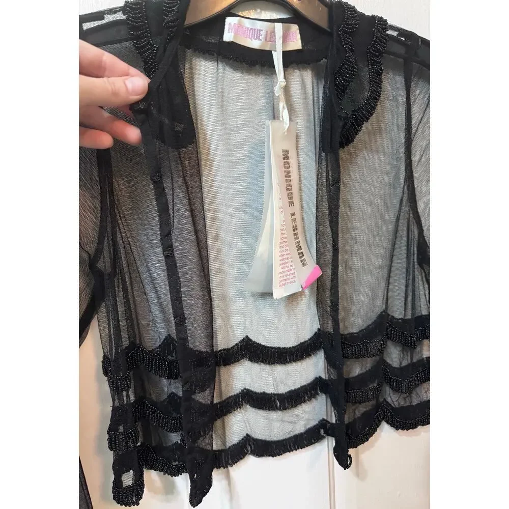 NWT Monique Leshman Black Sheer Scallop Beaded Crop Blouse Top Size S